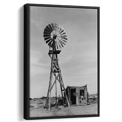 Windmill on Colorado Farm Black and White Art Desert Photography, Floating Framed Canvas Print