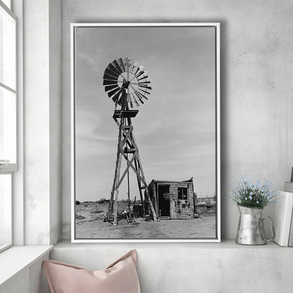 Windmill on Colorado Farm Black and White Art Desert Photography, Floating Framed Canvas Print