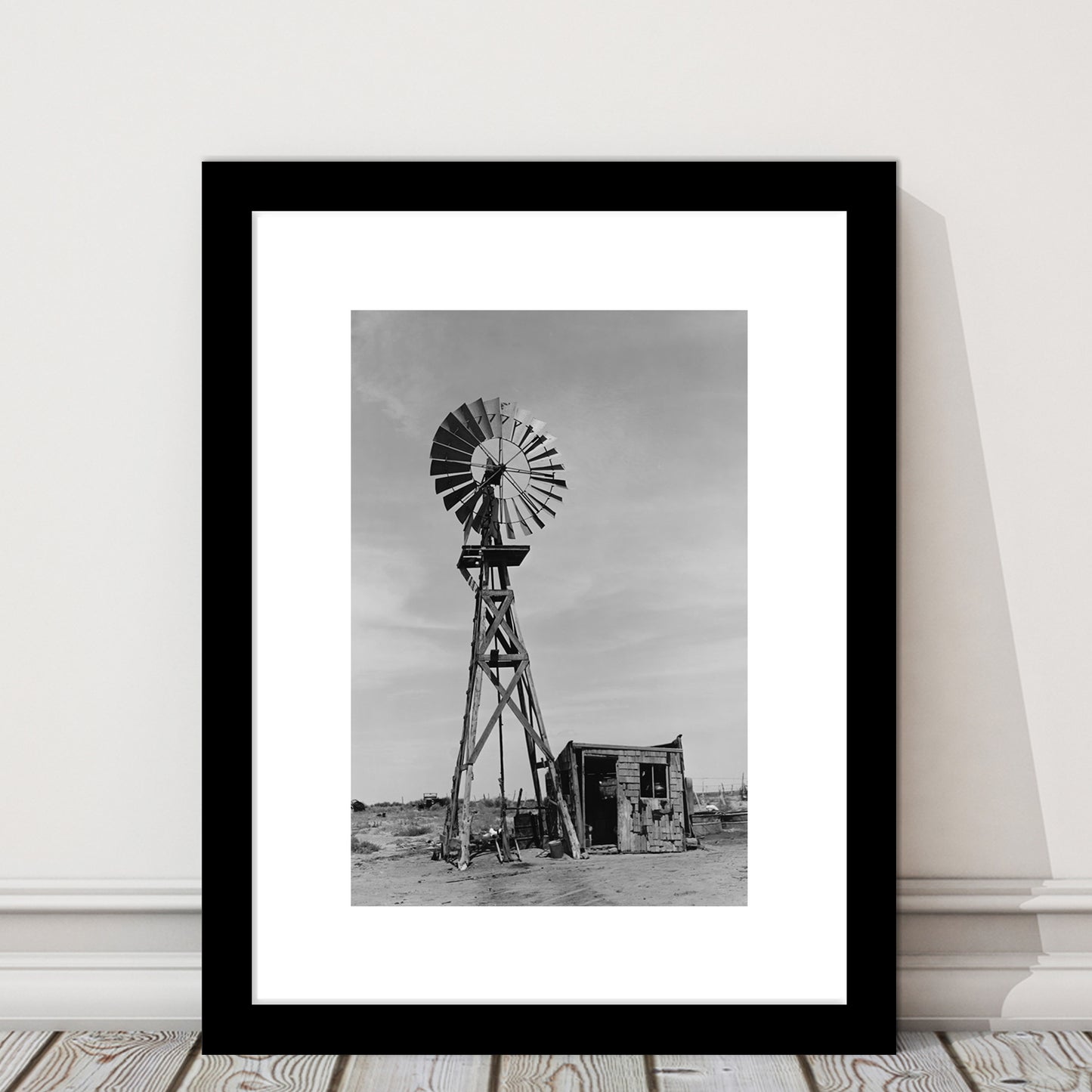 Windmill on Colorado Farm Black and White Art Desert Photography, Framed Art Print White Border Wall Decor