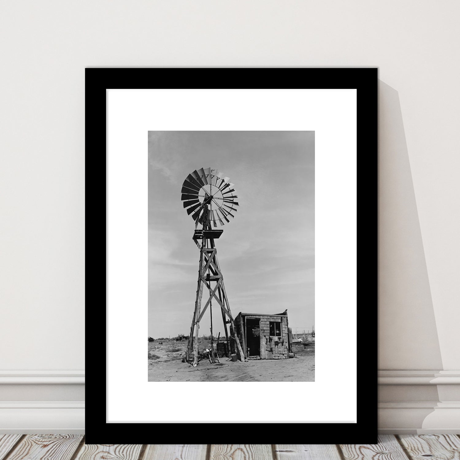 Windmill on Colorado Farm Black and White Art Desert Photography, Framed Art Print White Border Wall Decor