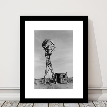 Windmill on Colorado Farm Black and White Art Desert Photography, Framed Art Print White Border Wall Decor
