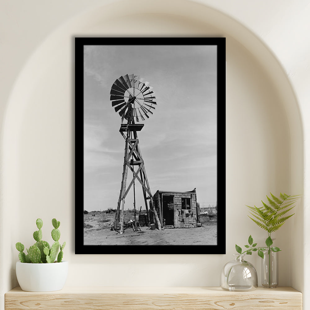 Windmill on Colorado Farm Black and White Art Desert Photography, Framed Art Print Wall Decor