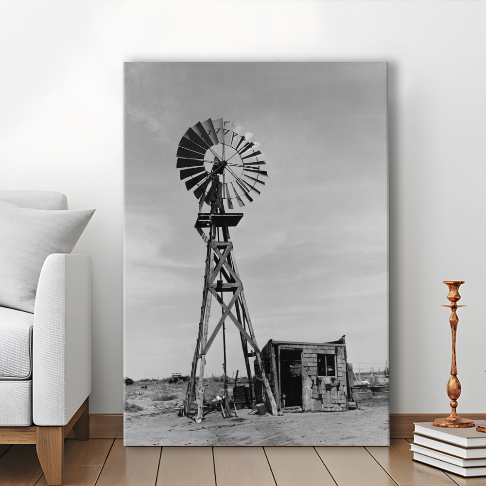 Windmill on Colorado Farm Black and White Art Desert Photography, Canvas Print Wall Art