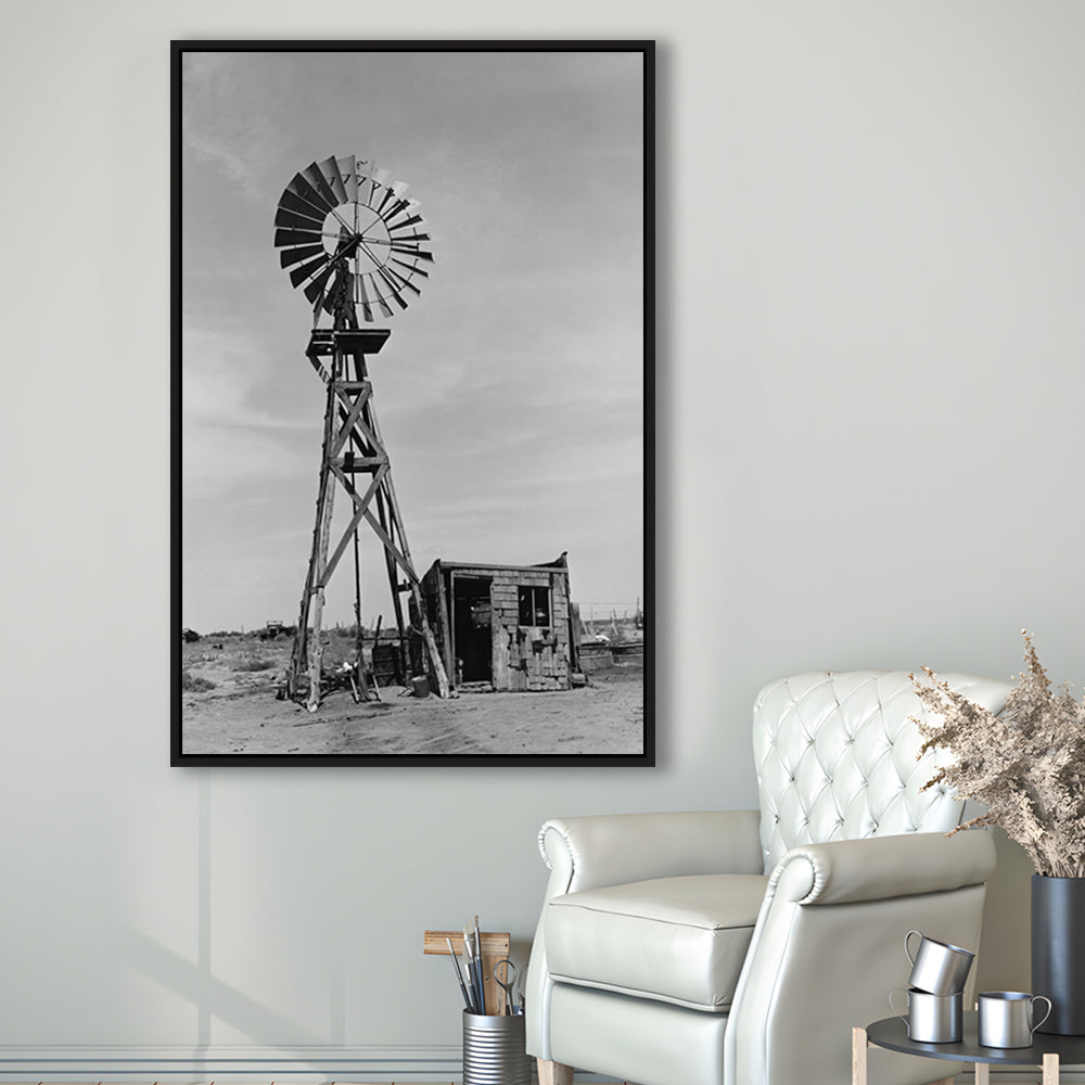 Windmill on Colorado Farm Black and White Art Desert Photography, Floating Framed Canvas Print