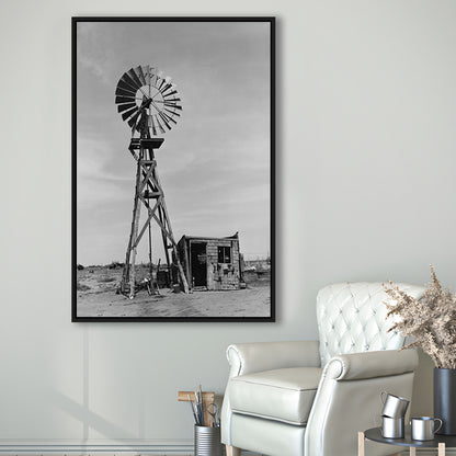 Windmill on Colorado Farm Black and White Art Desert Photography, Floating Framed Canvas Print