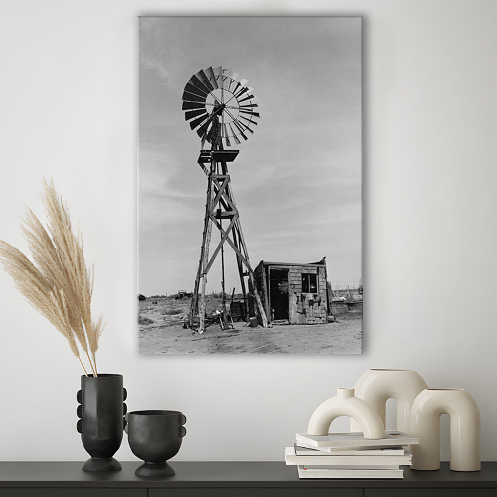 Windmill on Colorado Farm Black and White Art Desert Photography, Canvas Print Wall Art