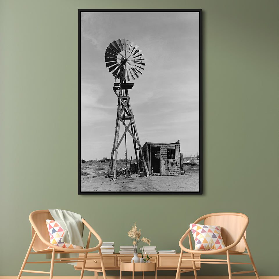 Windmill on Colorado Farm Black and White Art Desert Photography, Floating Framed Canvas Print