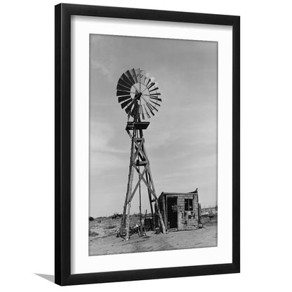Windmill on Colorado Farm Black and White Art Desert Photography, Framed Art Print White Border Wall Decor