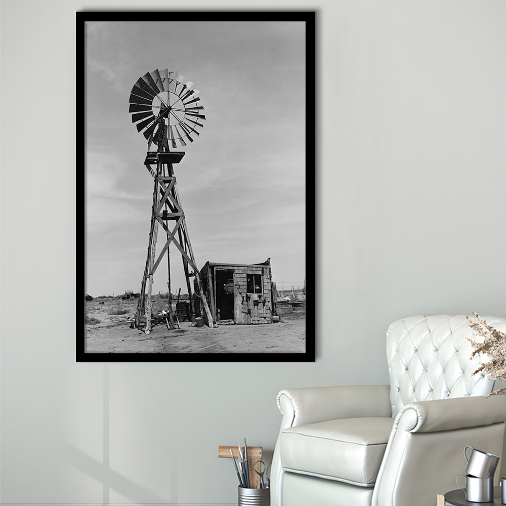 Windmill on Colorado Farm Black and White Art Desert Photography, Framed Art Print Wall Decor