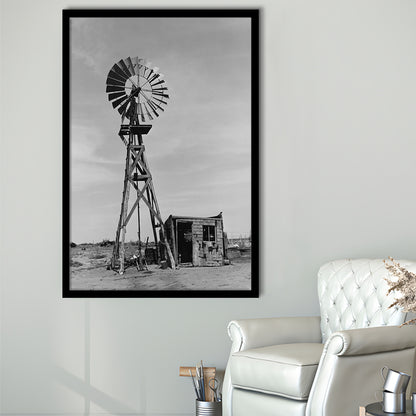 Windmill on Colorado Farm Black and White Art Desert Photography, Framed Art Print Wall Decor