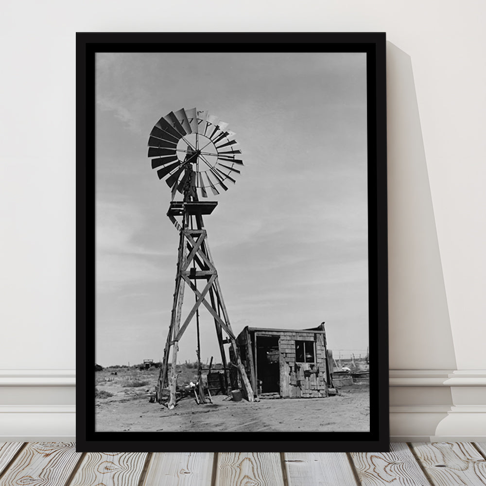 Windmill on Colorado Farm Black and White Art Desert Photography, Floating Framed Canvas Print