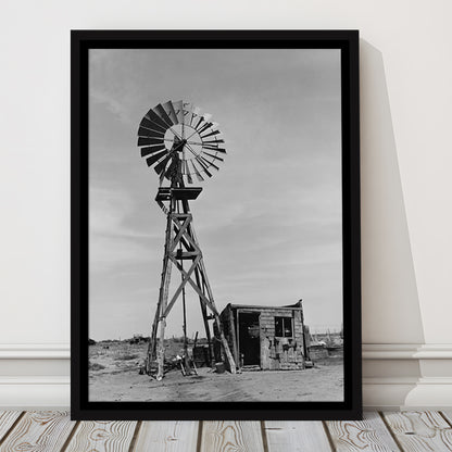 Windmill on Colorado Farm Black and White Art Desert Photography, Floating Framed Canvas Print