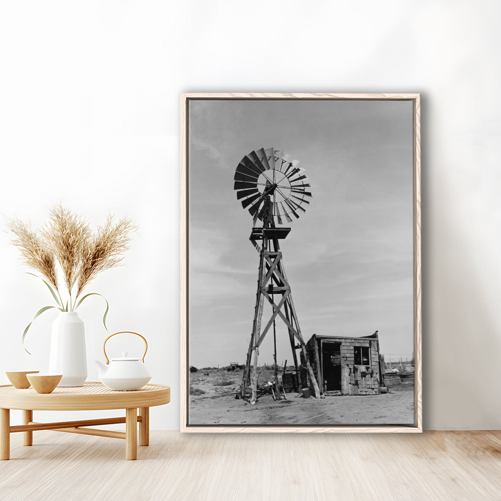 Windmill on Colorado Farm Black and White Art Desert Photography, Floating Framed Canvas Print