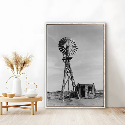 Windmill on Colorado Farm Black and White Art Desert Photography, Floating Framed Canvas Print