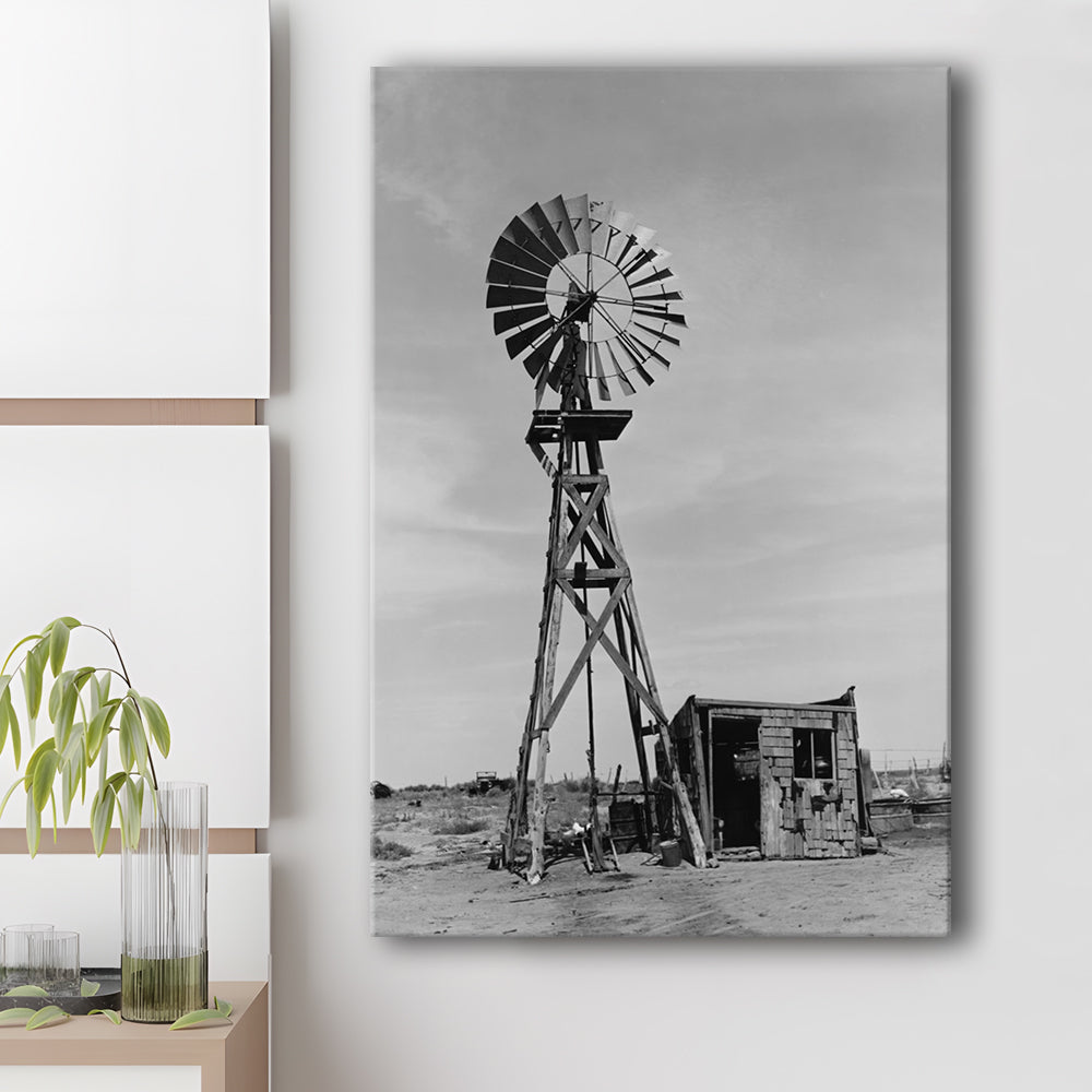 Windmill on Colorado Farm Black and White Art Desert Photography, Canvas Print Wall Art