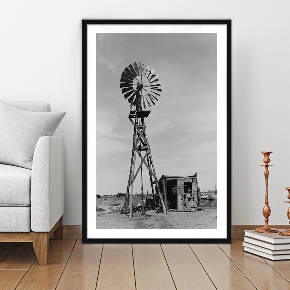 Windmill on Colorado Farm Black and White Art Desert Photography, Framed Art Print White Border Wall Decor