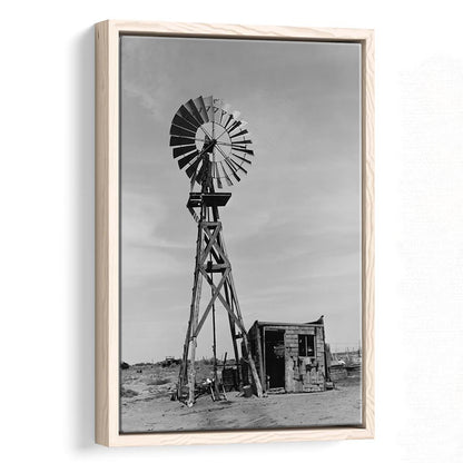 Windmill on Colorado Farm Black and White Art Desert Photography, Floating Framed Canvas Print