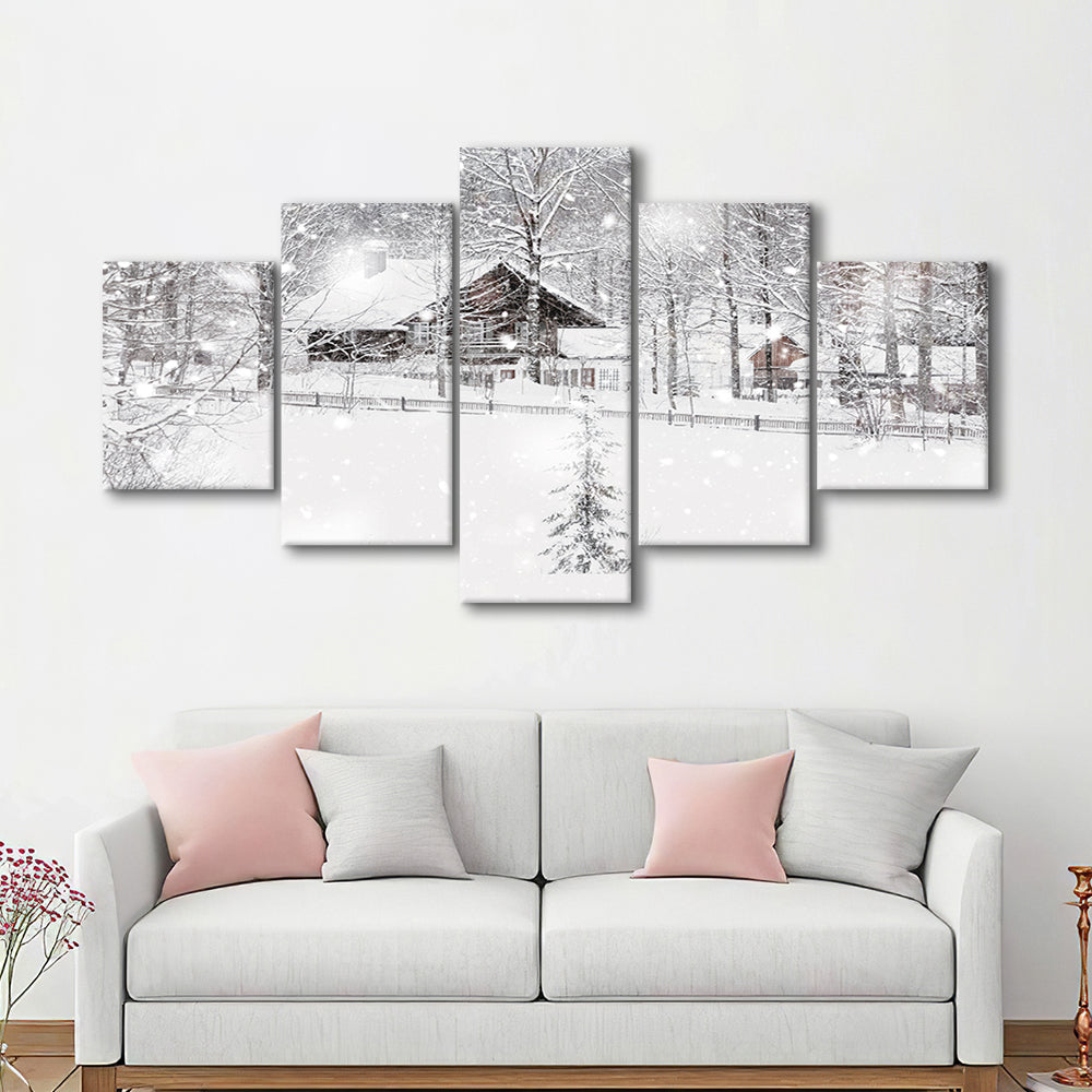 Winter Snowy Bavarian Alpine landscape with snow covered field, 5 Piece Large Cavas Print Wall Art