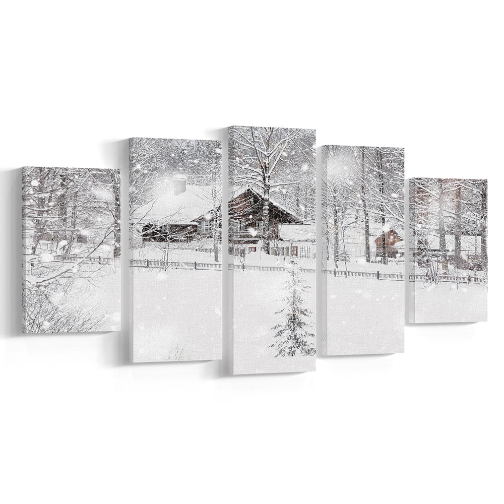 Winter Snowy Bavarian Alpine landscape with snow covered field, 5 Piece Large Cavas Print Wall Art