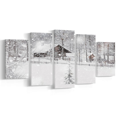 Winter Snowy Bavarian Alpine landscape with snow covered field, 5 Piece Large Cavas Print Wall Art