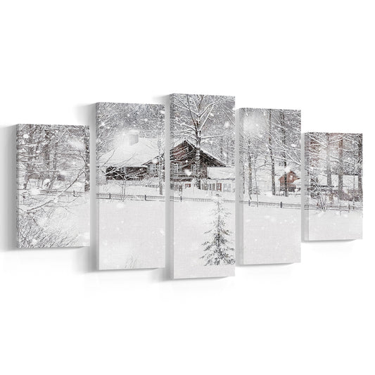 Winter Snowy Bavarian Alpine landscape with snow covered field, 5 Piece Large Cavas Print Wall Art