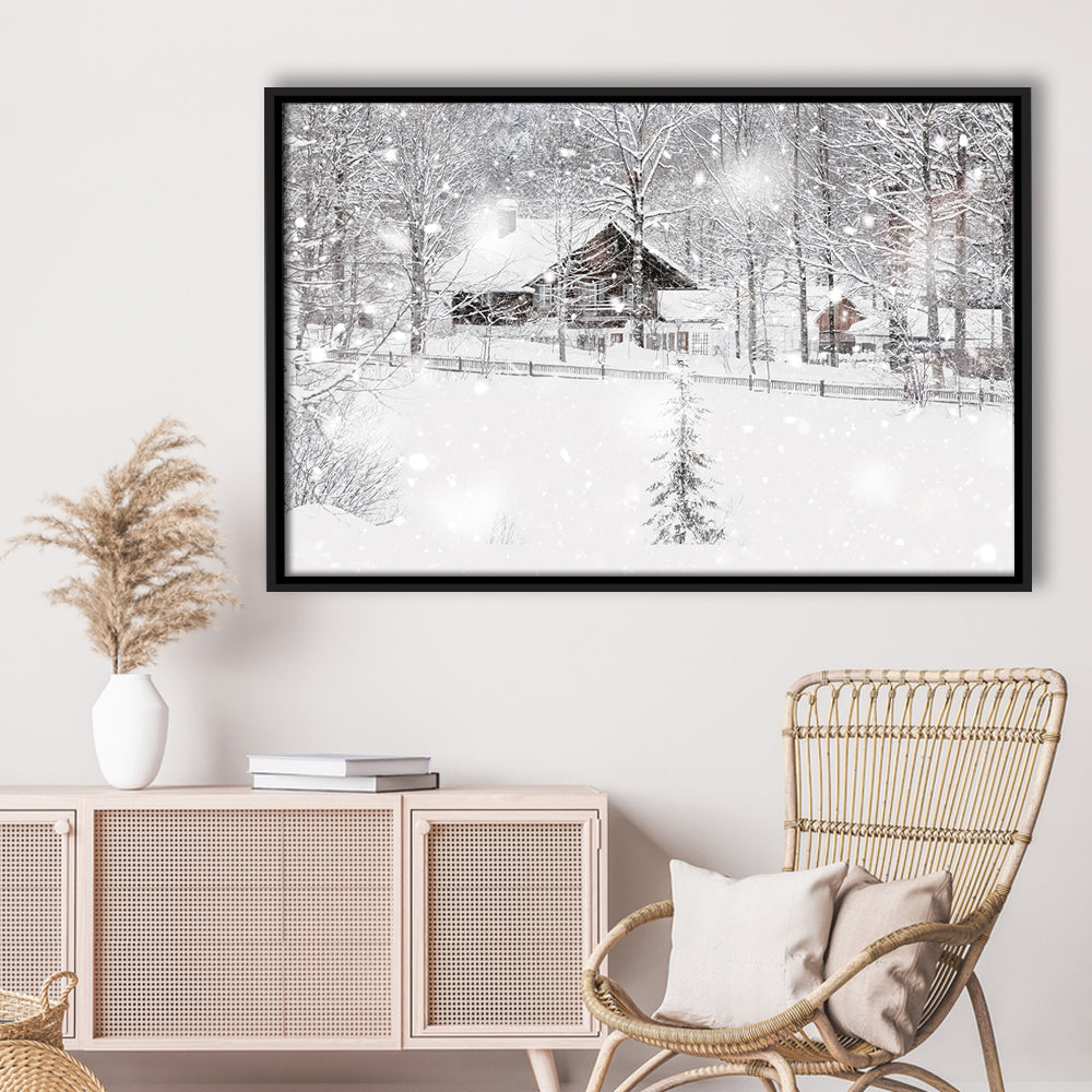 Winter Snowy Bavarian Alpine Landscape With Snow Covered Field, Framed Cavas Print, Floating Frame