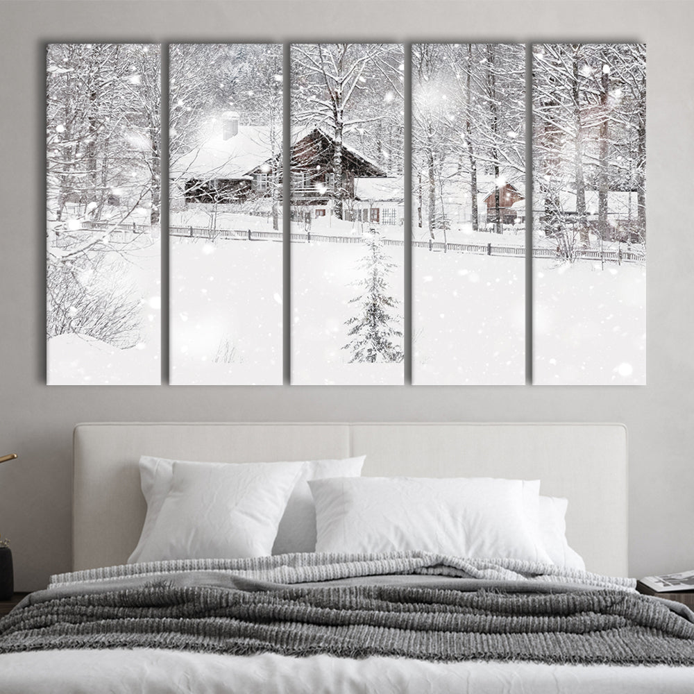 Winter Snowy Bavarian Alpine landscape with snow covered field, 5 Piece B Extra Large Cavas Print Wall Art Decor