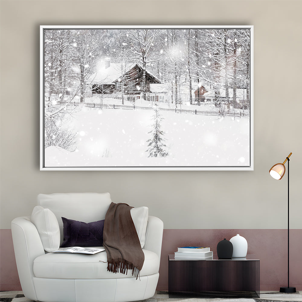 Winter Snowy Bavarian Alpine Landscape With Snow Covered Field, Framed Cavas Print, Floating Frame