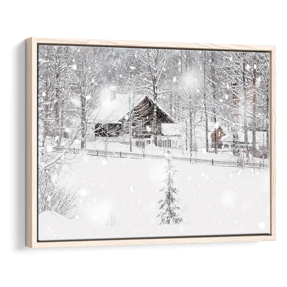 Winter Snowy Bavarian Alpine Landscape With Snow Covered Field, Framed Cavas Print, Floating Frame