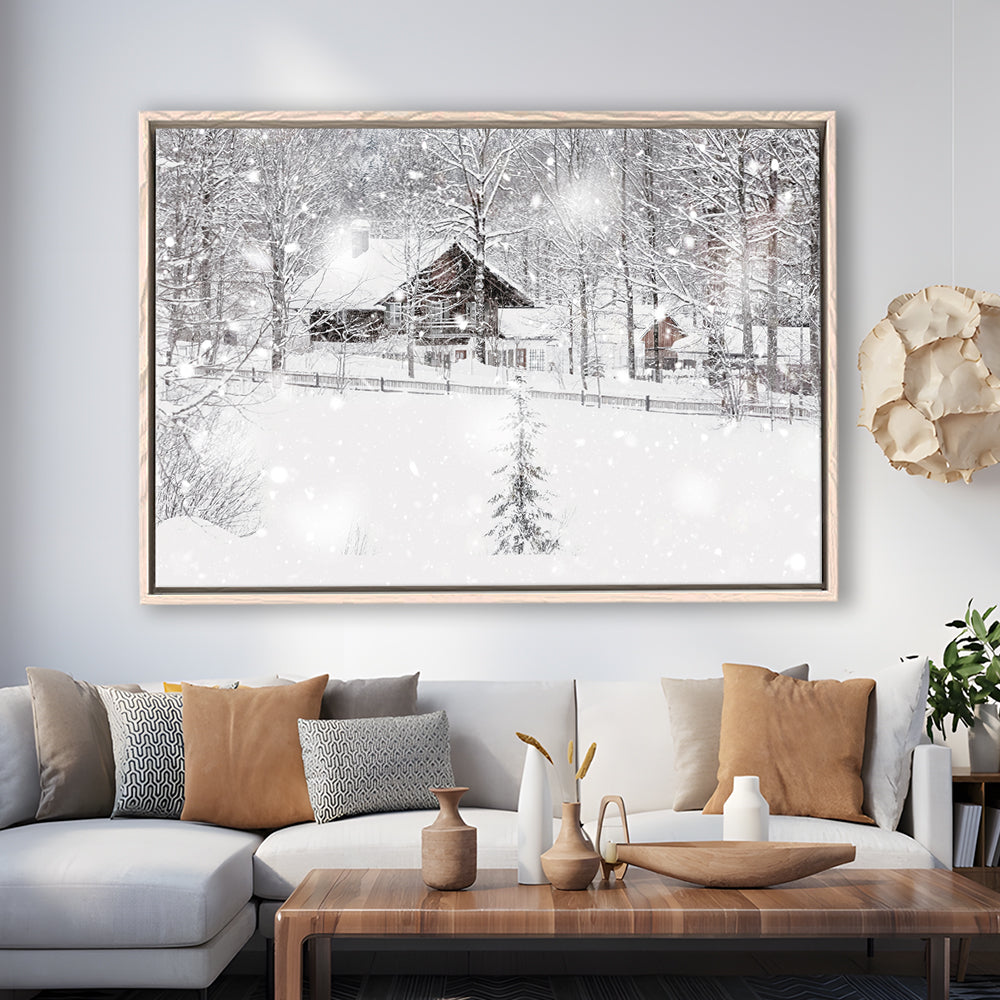 Winter Snowy Bavarian Alpine Landscape With Snow Covered Field, Framed Cavas Print, Floating Frame