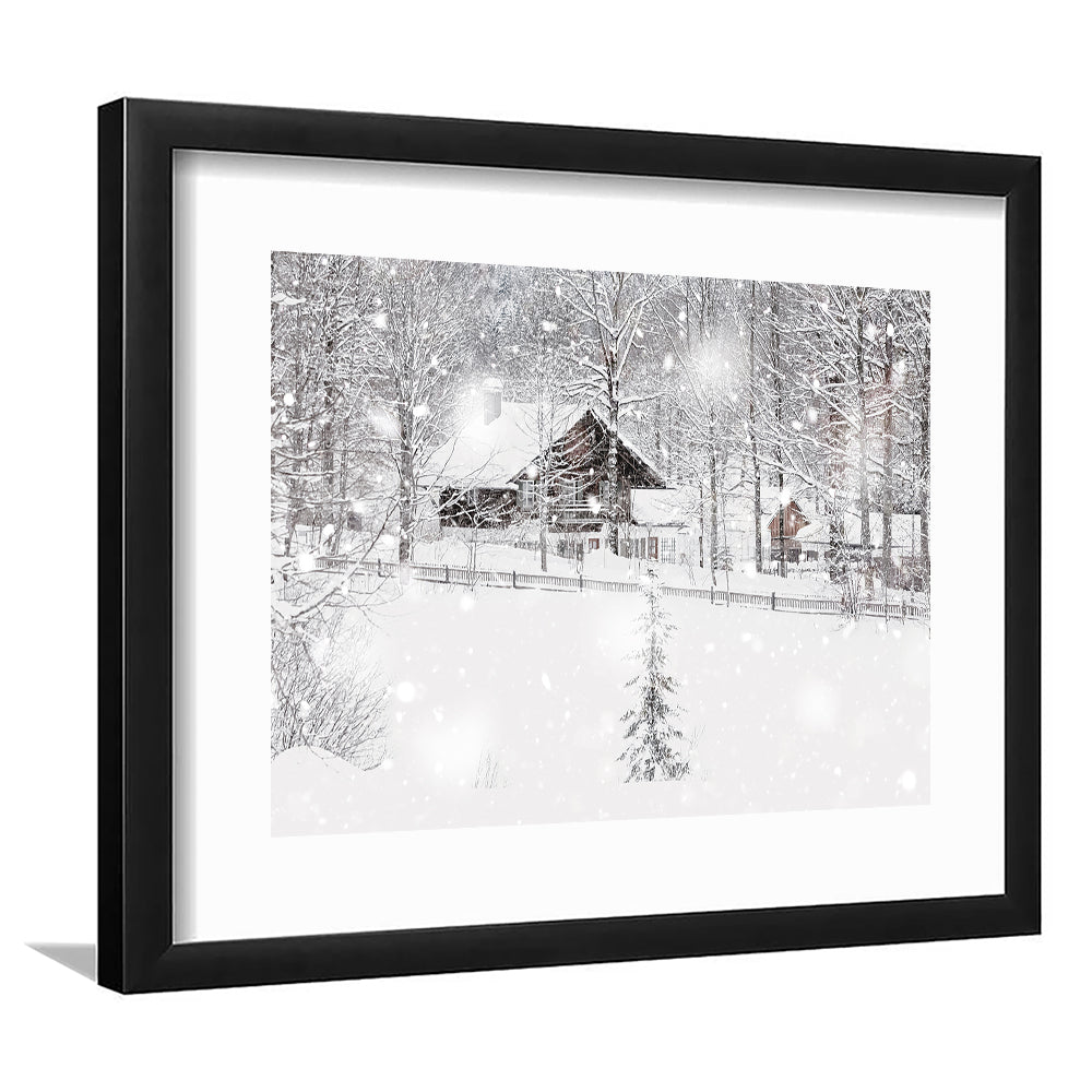 Winter Snowy Bavarian Alpine Landscape With Snow Covered Field, Framed Art Print White Border