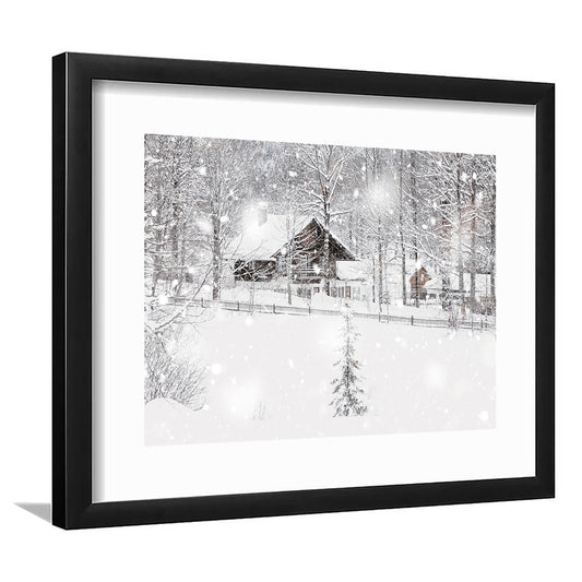 Winter Snowy Bavarian Alpine Landscape With Snow Covered Field, Framed Art Print White Border