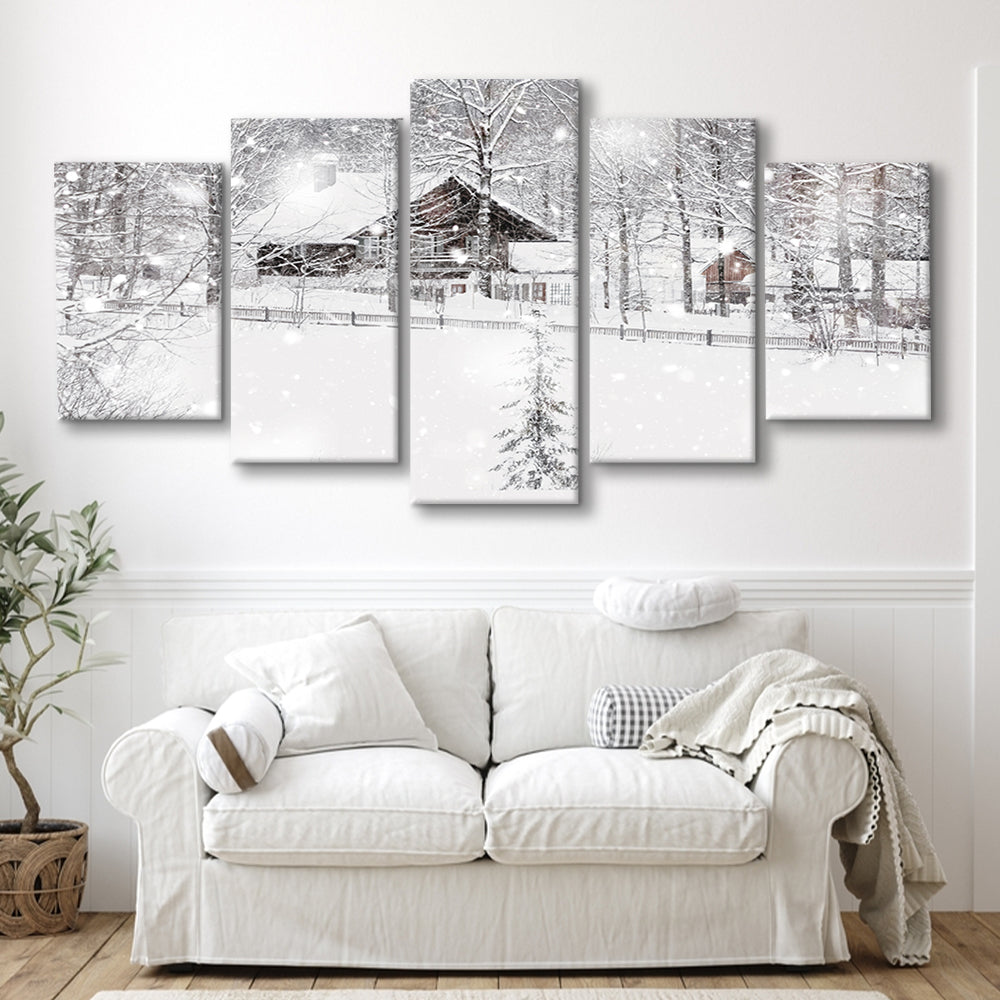 Winter Snowy Bavarian Alpine landscape with snow covered field, 5 Piece Large Cavas Print Wall Art