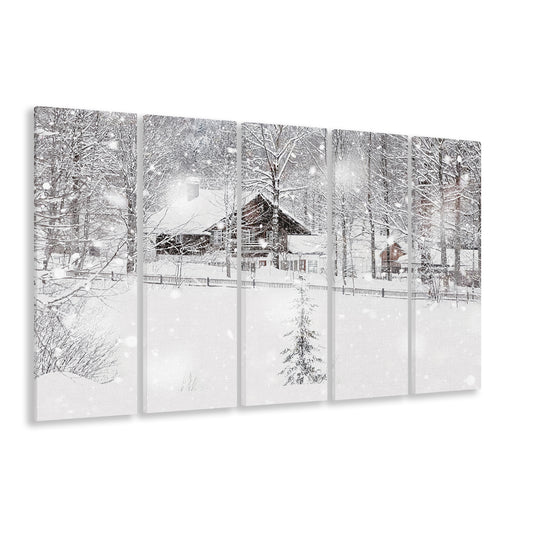Winter Snowy Bavarian Alpine landscape with snow covered field, 5 Piece B Extra Large Cavas Print Wall Art Decor