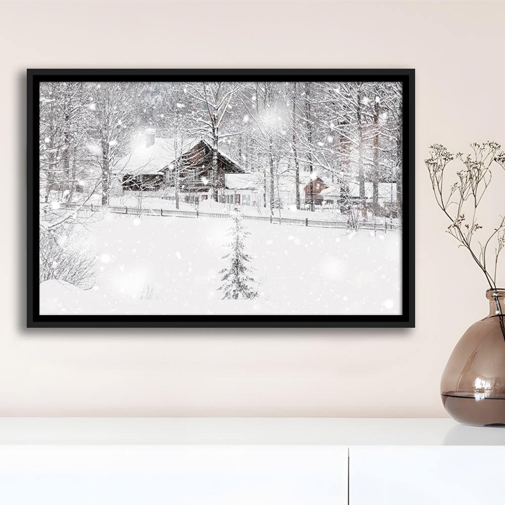 Winter Snowy Bavarian Alpine Landscape With Snow Covered Field, Framed Cavas Print, Floating Frame