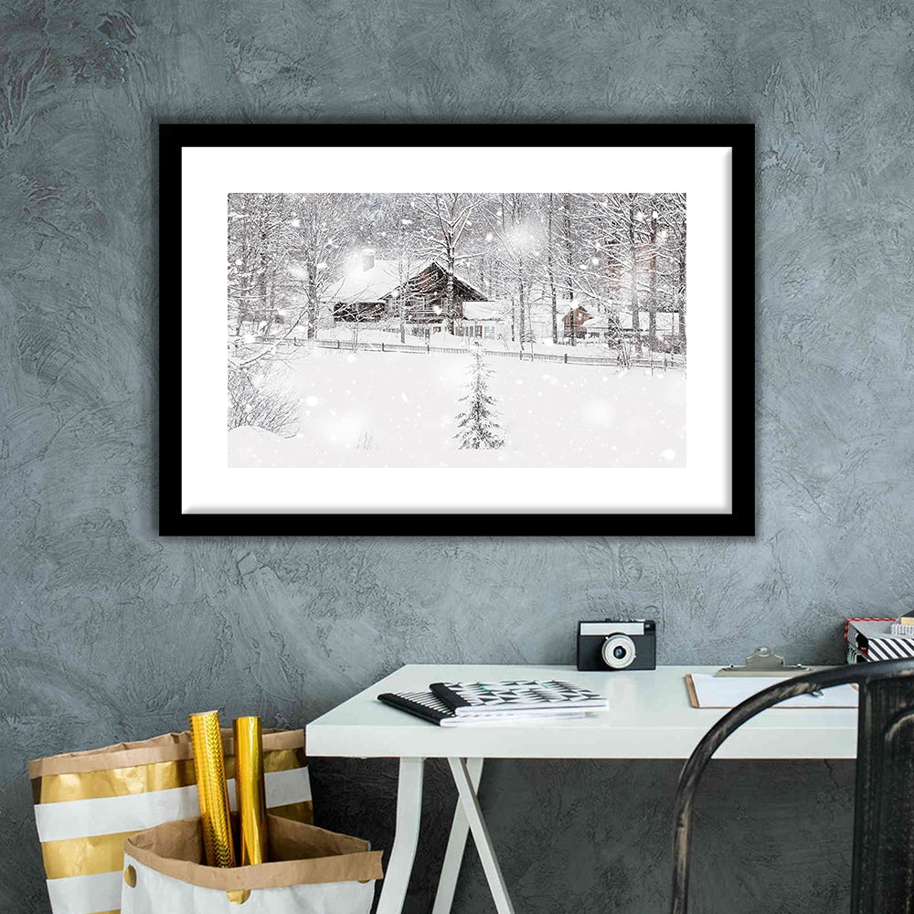 Winter Snowy Bavarian Alpine Landscape With Snow Covered Field, Framed Art Print White Border