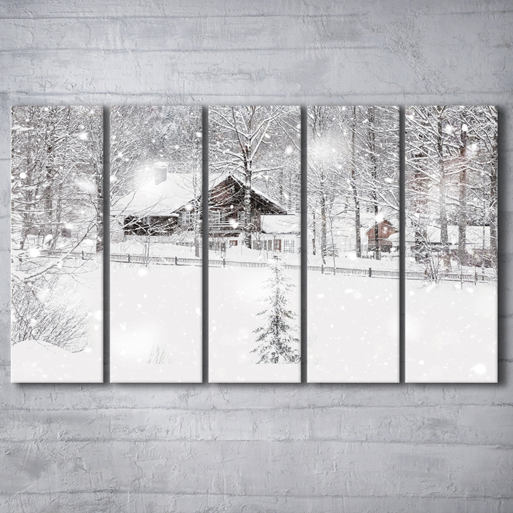 Winter Snowy Bavarian Alpine landscape with snow covered field, 5 Piece B Extra Large Cavas Print Wall Art Decor