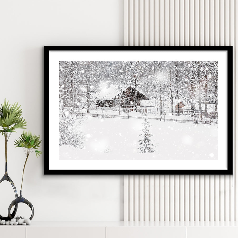 Winter Snowy Bavarian Alpine Landscape With Snow Covered Field, Framed Art Print White Border