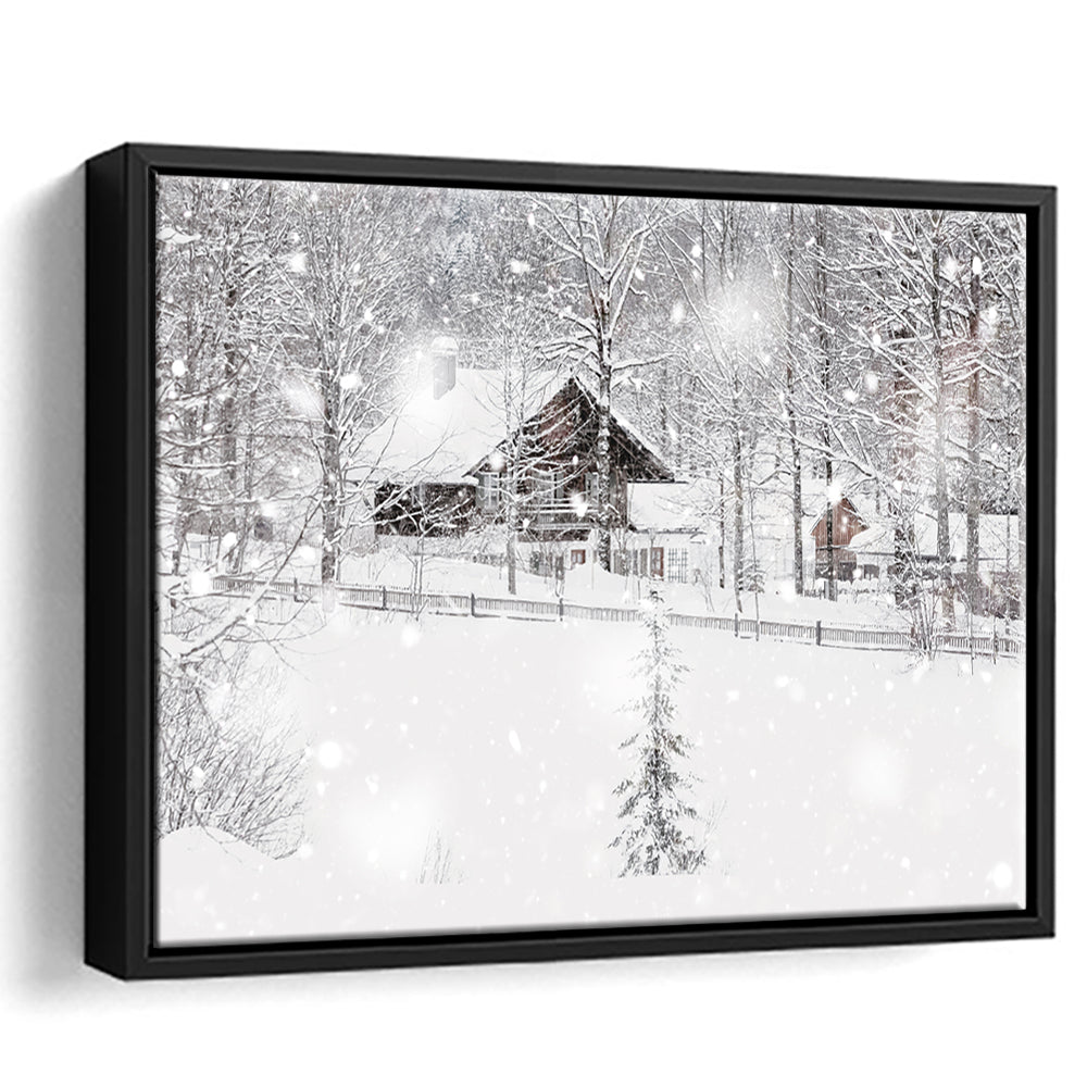 Winter Snowy Bavarian Alpine Landscape With Snow Covered Field, Framed Cavas Print, Floating Frame
