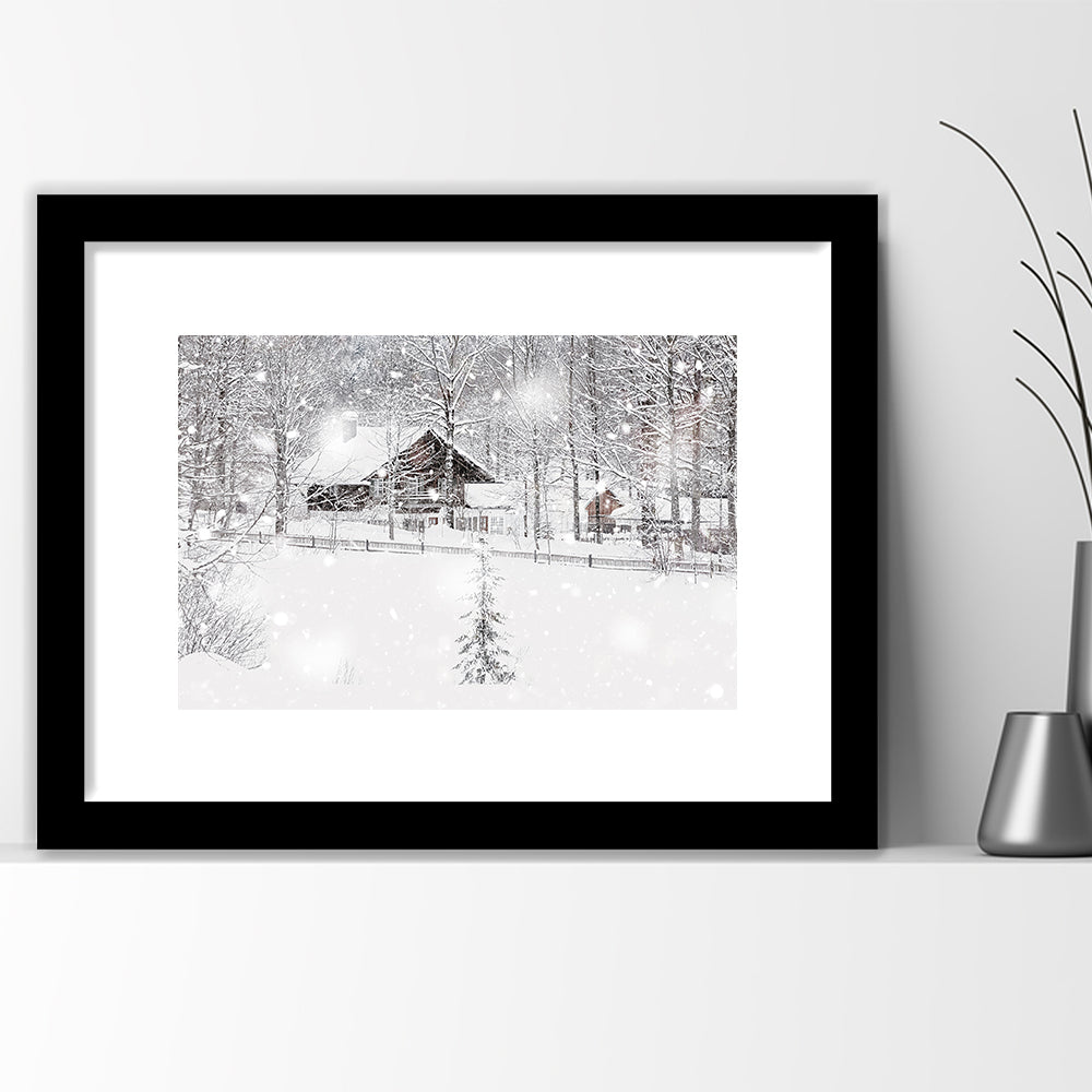 Winter Snowy Bavarian Alpine Landscape With Snow Covered Field, Framed Art Print White Border