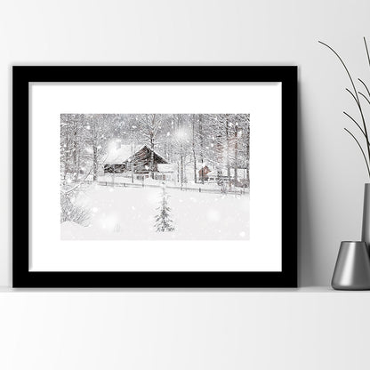 Winter Snowy Bavarian Alpine Landscape With Snow Covered Field, Framed Art Print White Border