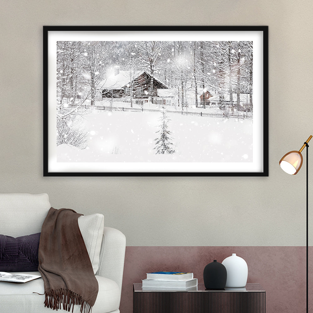Winter Snowy Bavarian Alpine Landscape With Snow Covered Field, Framed Art Print White Border