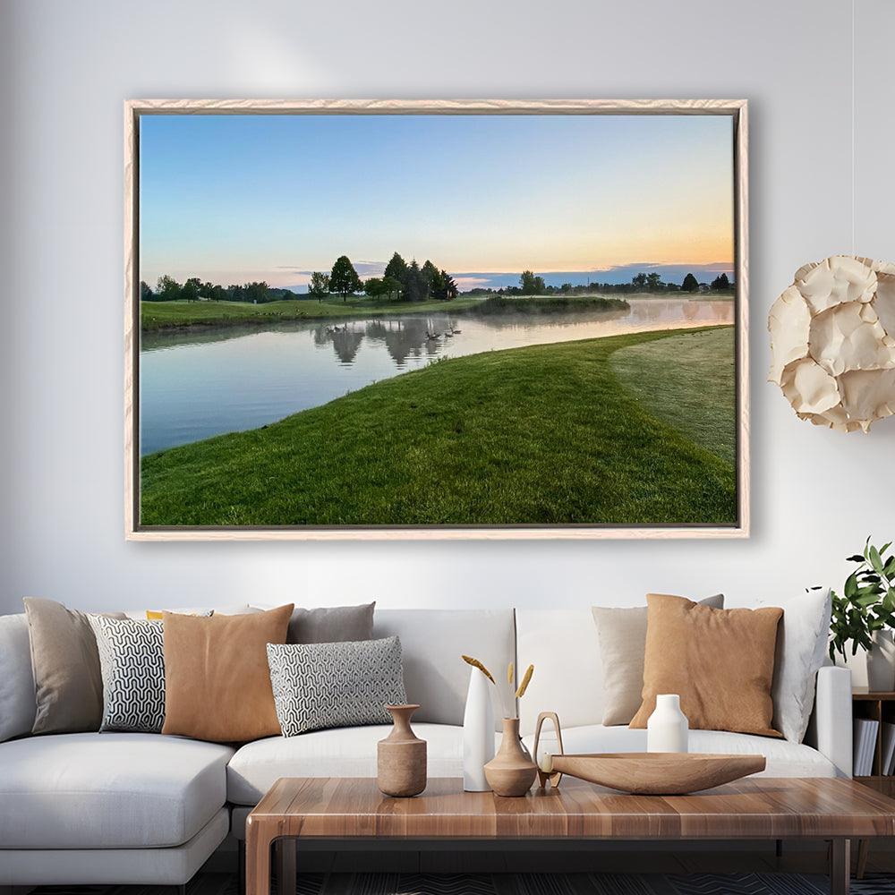 Wisconsin Golf Course In The Morning Sunlight, Floating Framed Canvas Print Wall Art