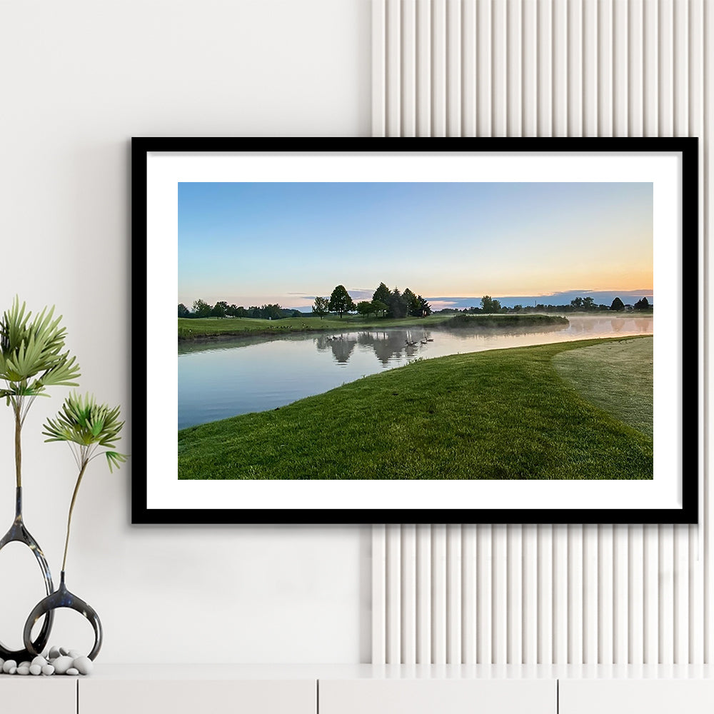 Wisconsin Golf Course In The Morning Sunlight, Goft Art Print, Framed Art Print White Border Wall Decor