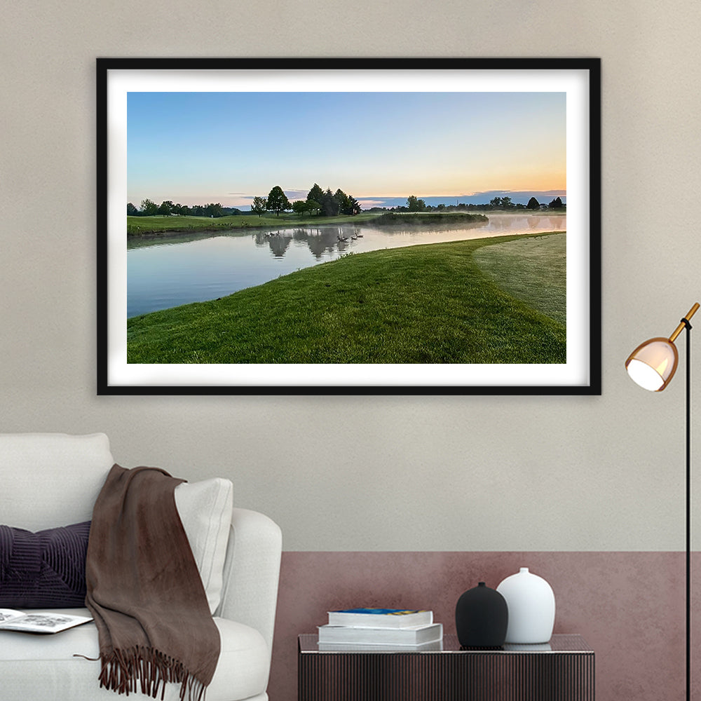 Wisconsin Golf Course In The Morning Sunlight, Goft Art Print, Framed Art Print White Border Wall Decor