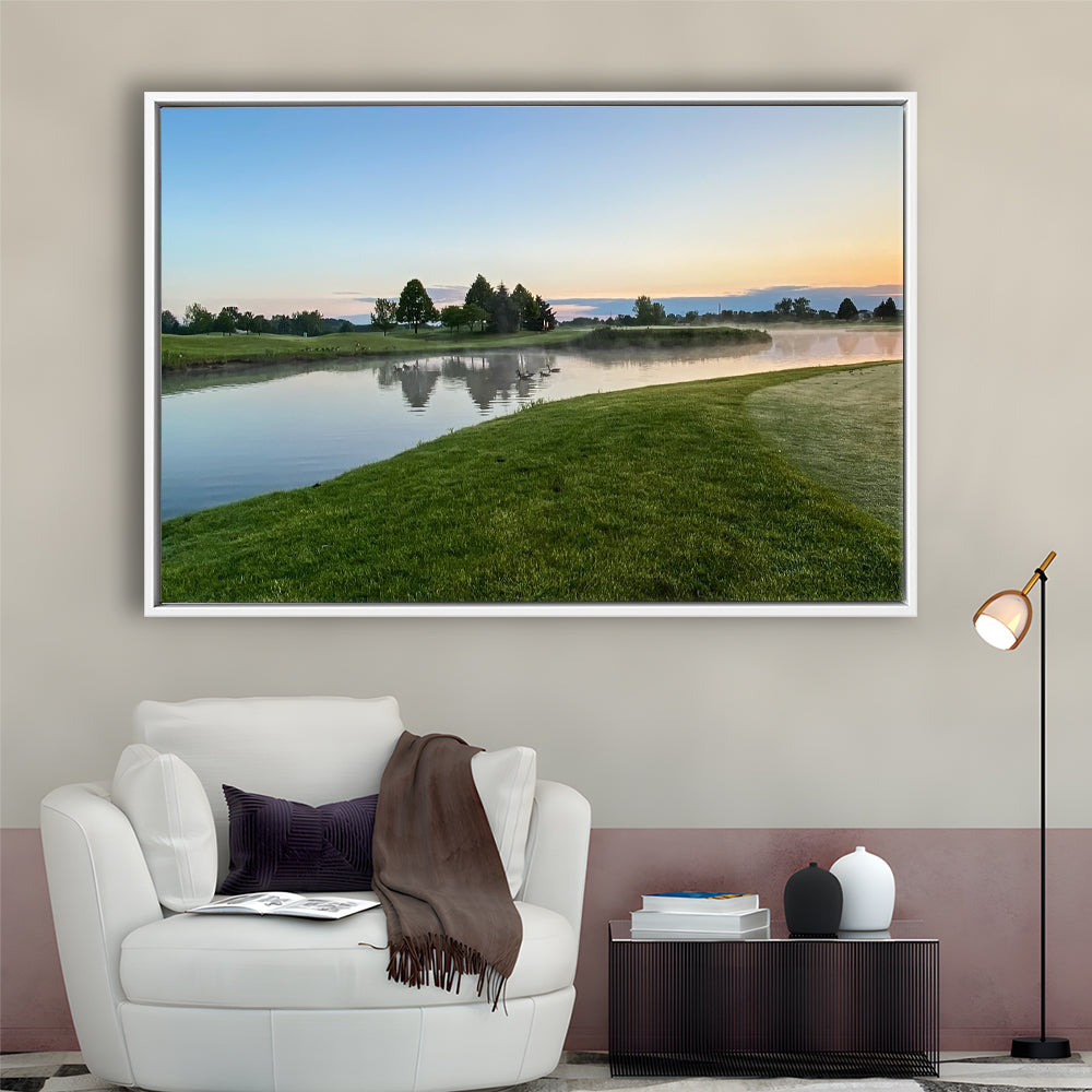 Wisconsin Golf Course In The Morning Sunlight, Floating Framed Canvas Print Wall Art