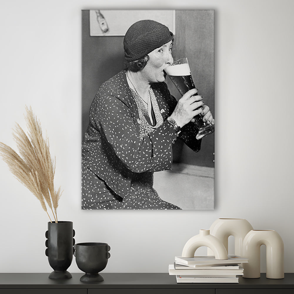 Woman Drinking Beer Print, Bar Cart Wall Art, Black and White, 1920s, Canvas Print Wall Art