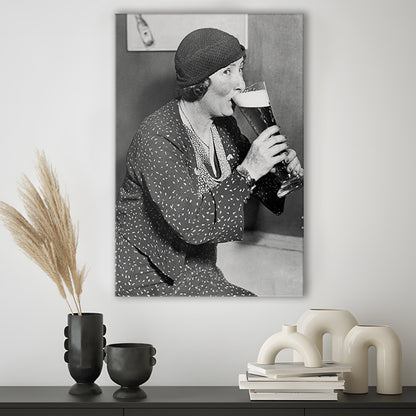 Woman Drinking Beer Print, Bar Cart Wall Art, Black and White, 1920s, Canvas Print Wall Art