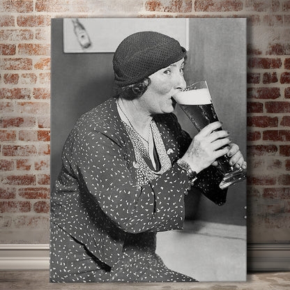 Woman Drinking Beer Print, Bar Cart Wall Art, Black and White, 1920s, Canvas Print Wall Art