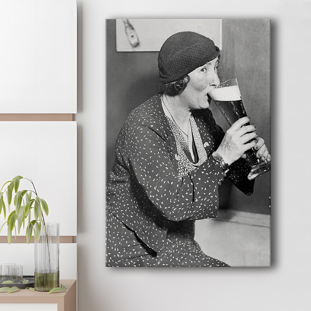 Woman Drinking Beer Print, Bar Cart Wall Art, Black and White, 1920s, Canvas Print Wall Art